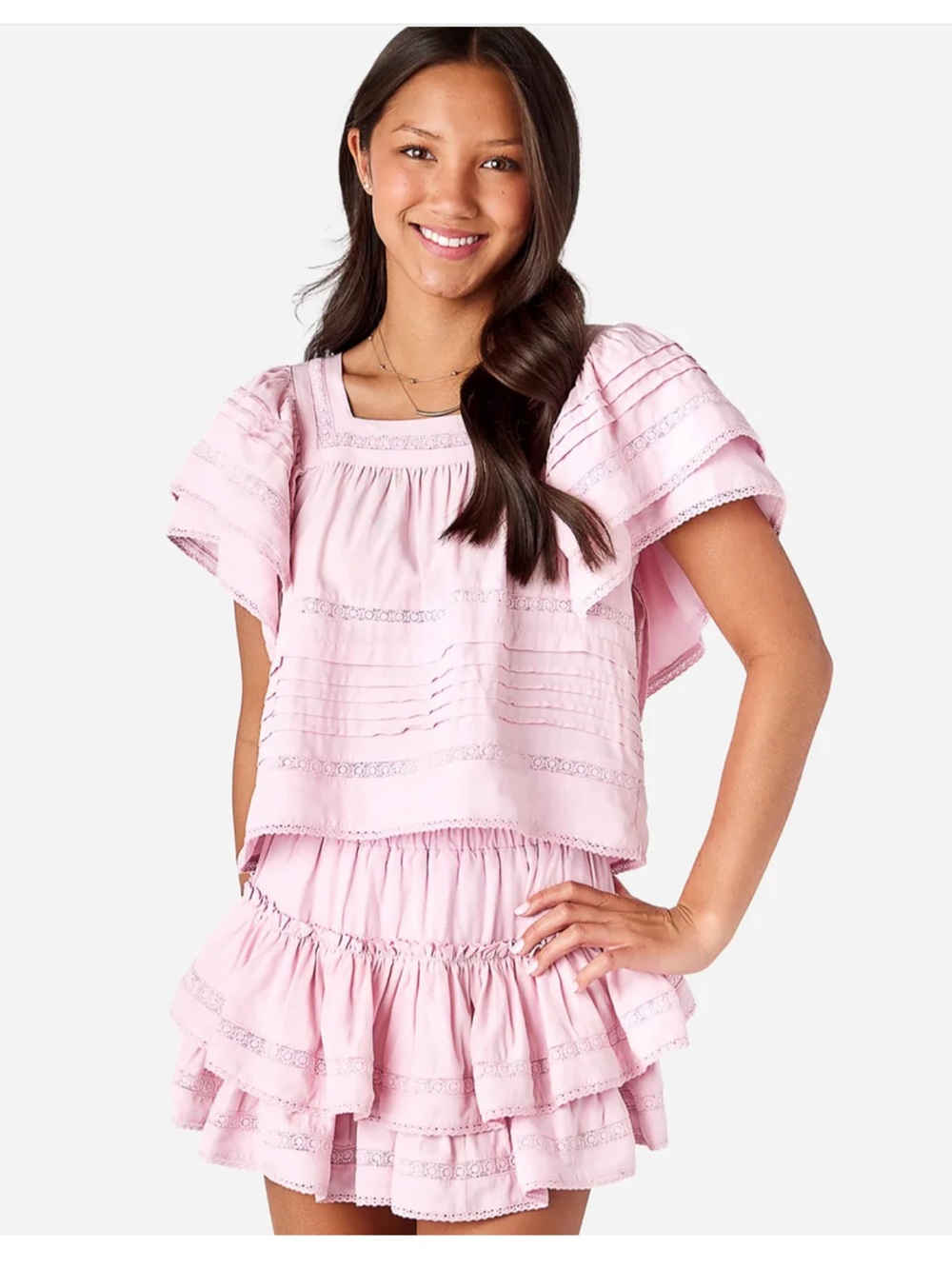 Shop Cake for Dinner Lily Lace Top - Light Pink Ruffled top